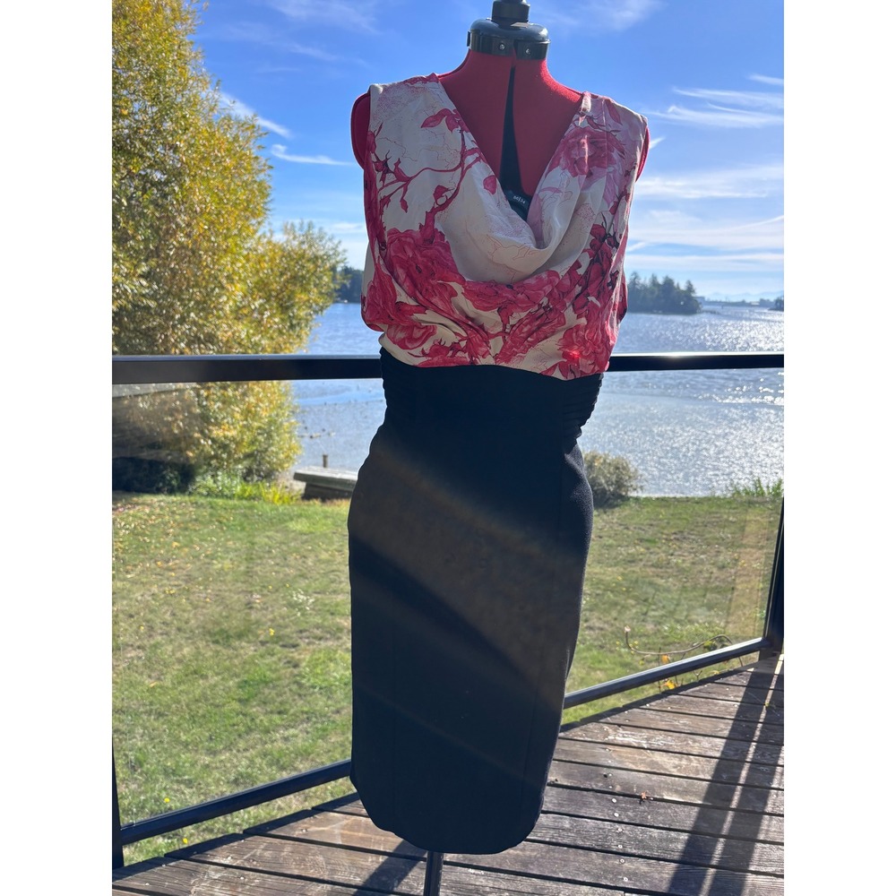 TED BAKER sheath dress women 2 black pink floral cowl neck ruched waist